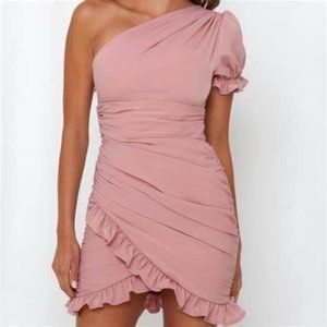 Hello Molly pink one shoulder ruffle dress L